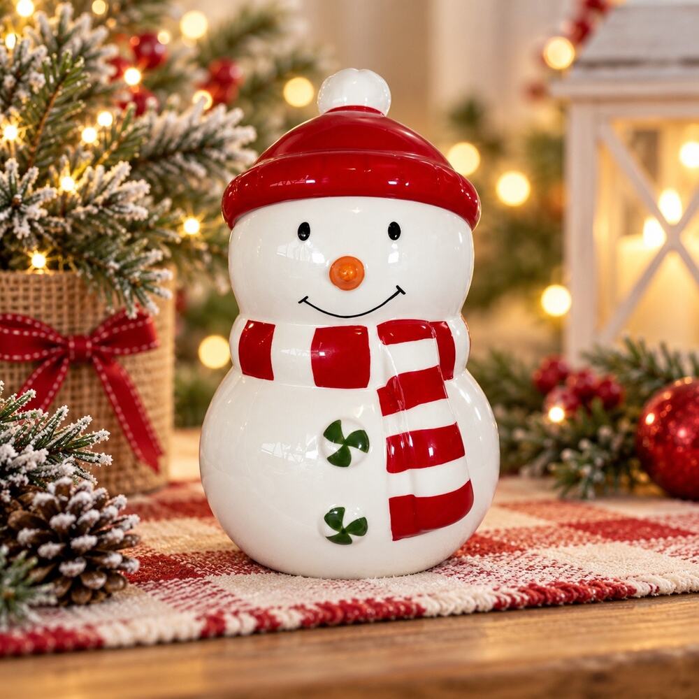 Hallmark Snowman Cookie Jar 8in Ceramic Christmas Candy Treat Jar